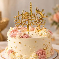 Golden Happy Birthday Cake Topper with Spiral Candle