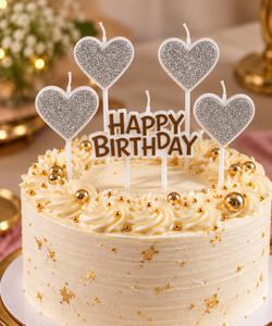 4 Silver Glitter Heart Shape Candle With Happy Birthday Cake Topper