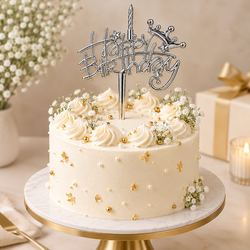 Silver Happy Birthday Cake Topper with Spiral Candle