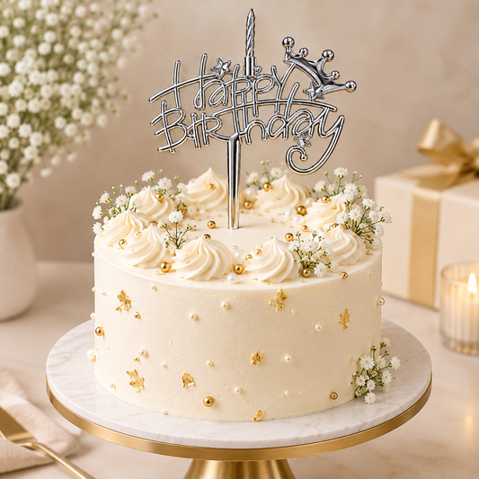Silver Happy Birthday Cake Topper with Spiral Candle