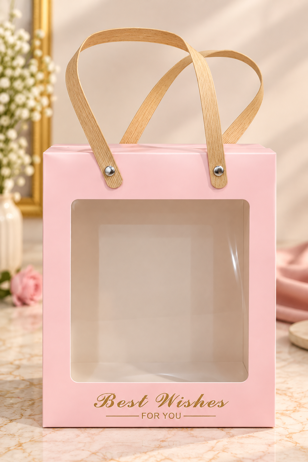 Pastel Pink Square Gift Box with Window Pack of 5 Size - 8x7x3.5 inch