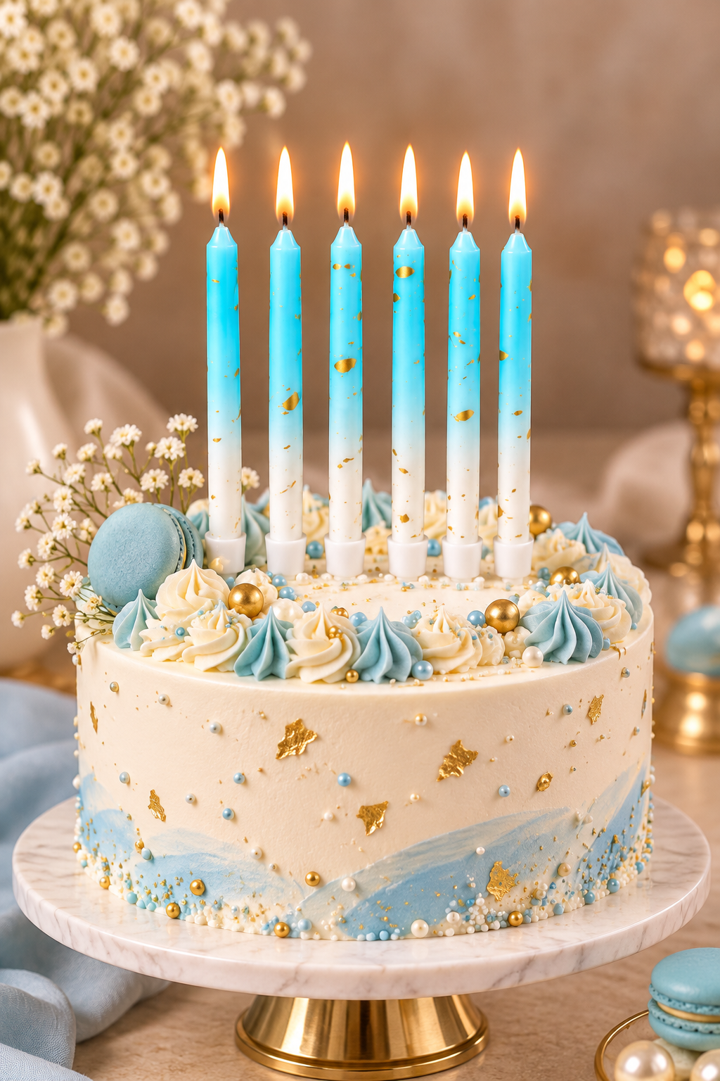 Sky Blue and White Ombre Gold Foil Candles Set Pack of 6