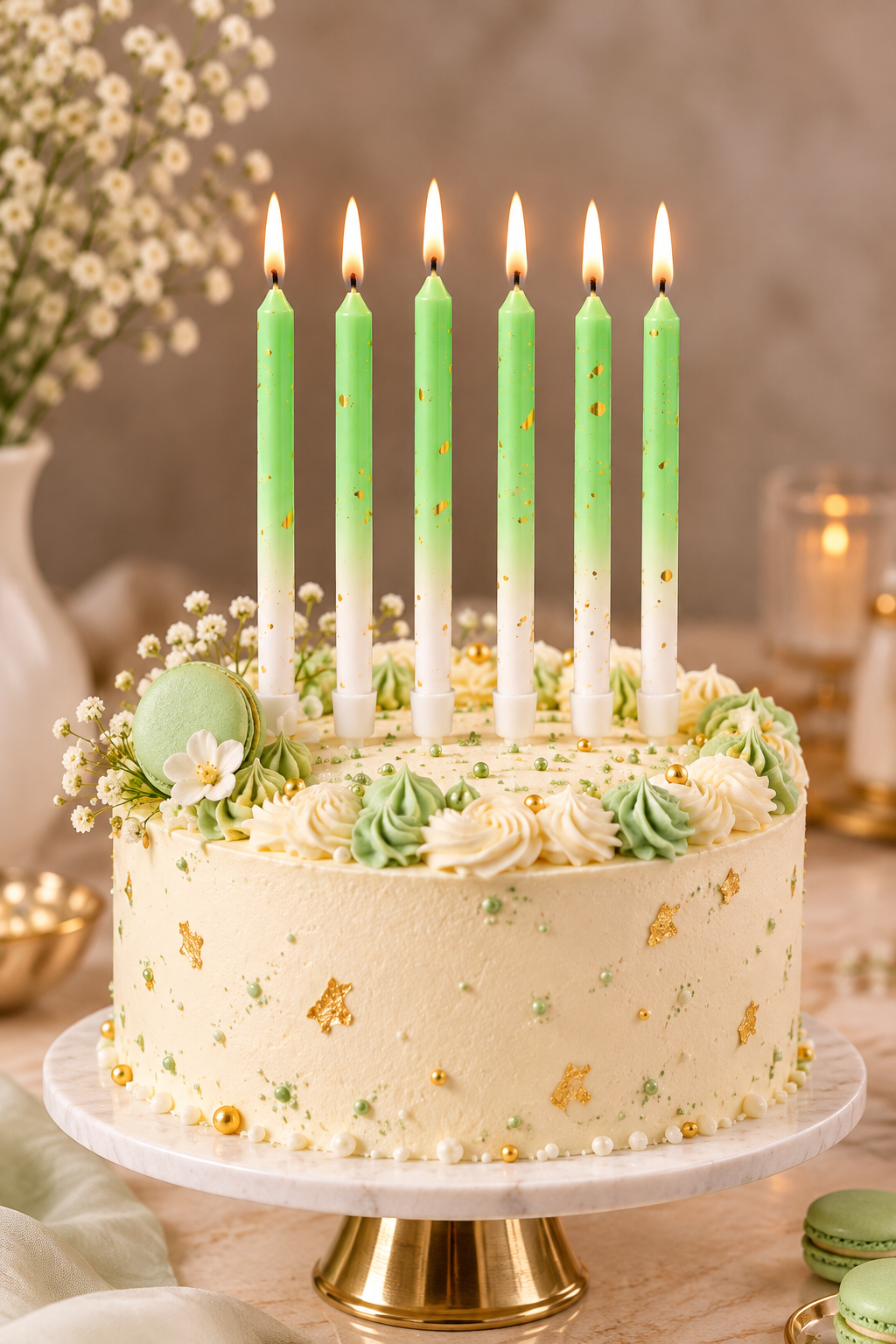 Mint Green and White Ombre Gold Foil Candles Set Pack of 6