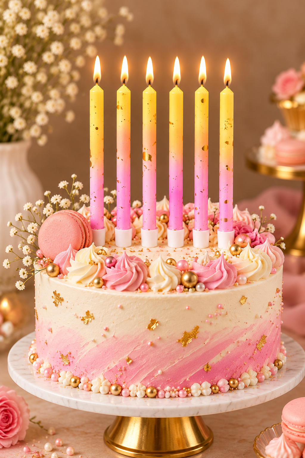 Yellow and Pink Ombre Gold Foil Candles Set Pack of 6