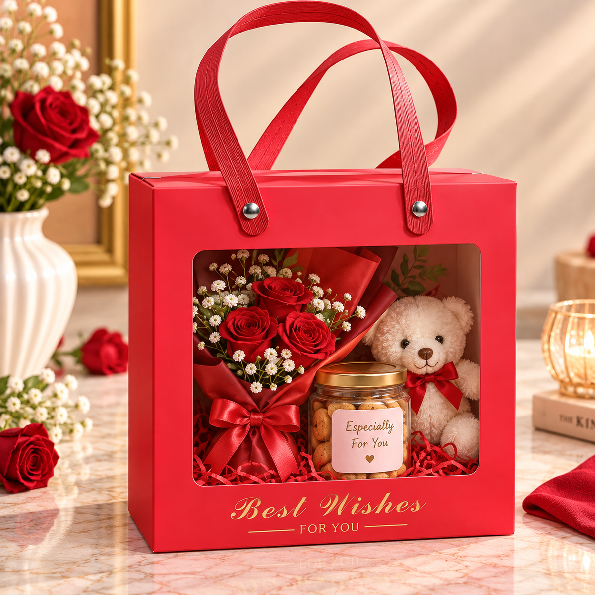 Red Square Gift Box with Window Pack of 5 Size - 8x7x3.5 inch