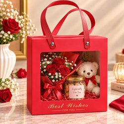 Red Square Gift Box with Window Pack of 5 Size - 8x7x3.5 inch