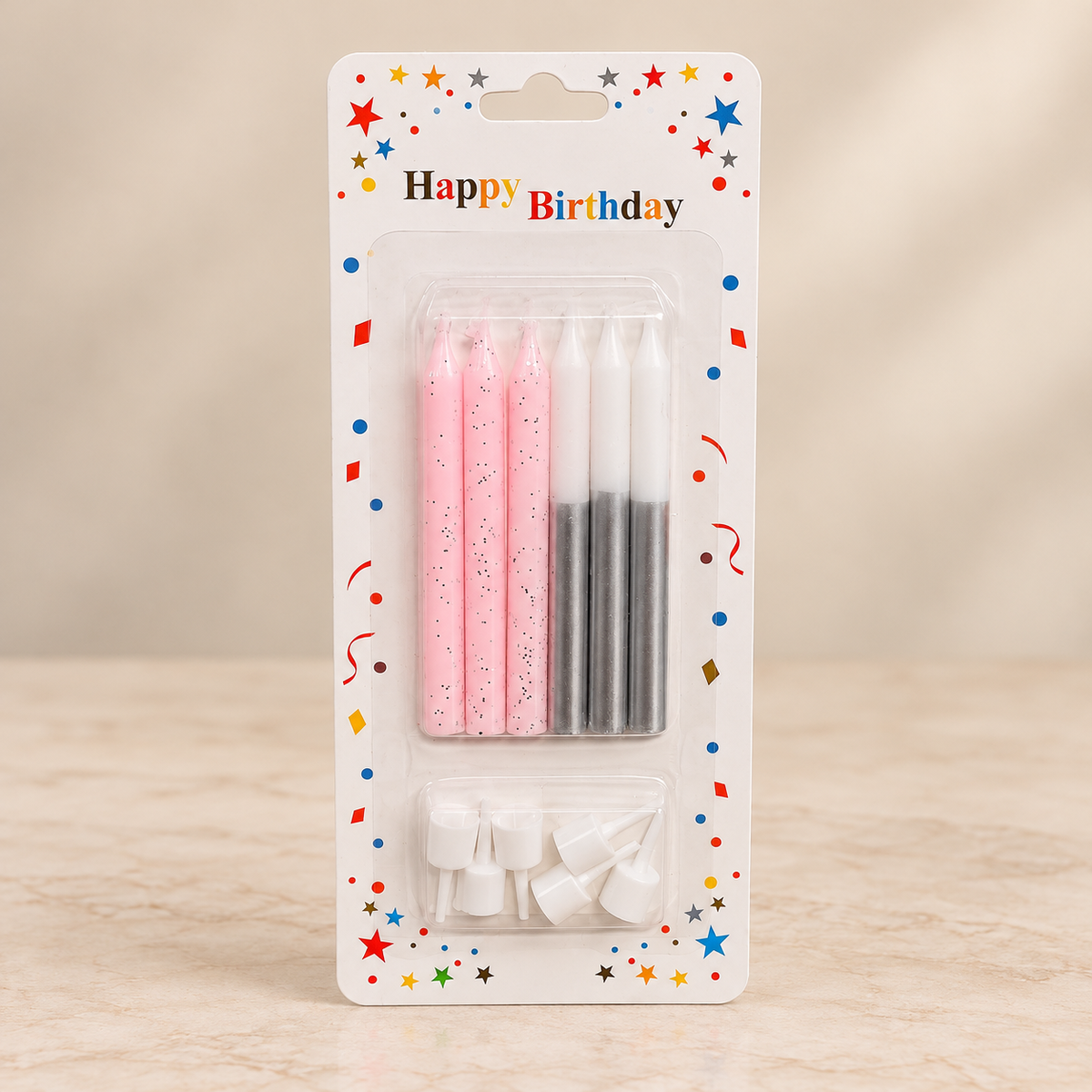 Pink & Silver Candles with Holders Set Pack Of 6