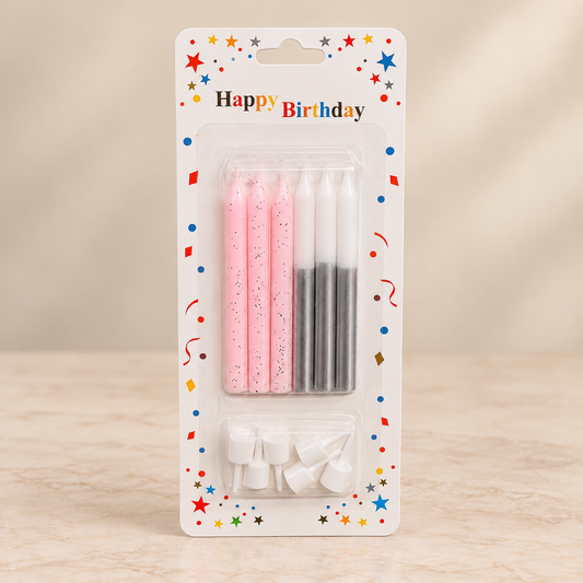 Pink & Silver Candles with Holders Set Pack Of 6