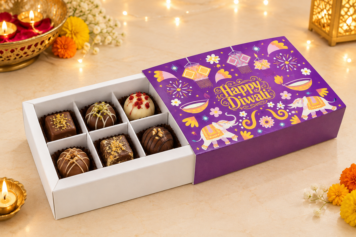 Happy Diwali 6 cavity chocolate box violet color  PACK OF 10 (size-5.8x4.2x1.5 inch)