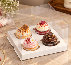 Transparent 4 Cavity Cupcake Box with Lid Pack of 10 Size - 7x7x4 inch