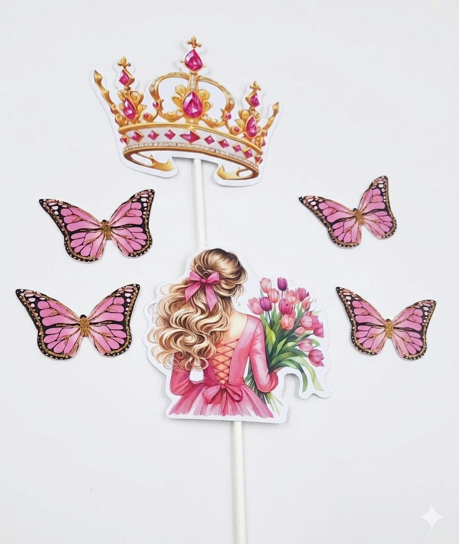 6 Pcs Princess Crown & Girl Cake Topper Set (Random Butterfly)