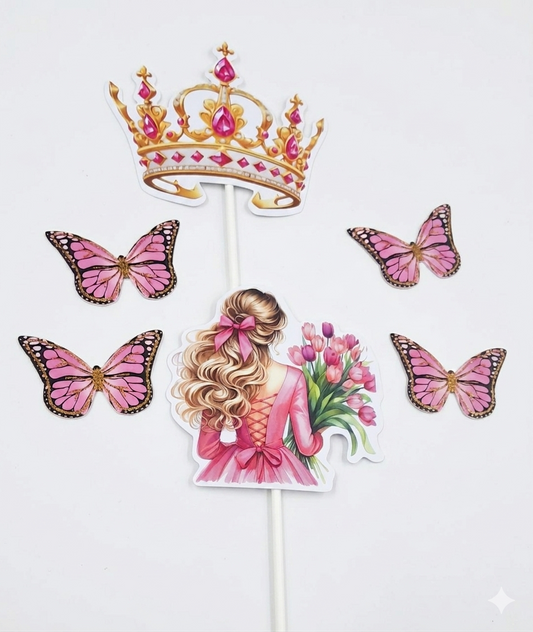 6 Pcs Princess Crown & Girl Cake Topper Set (Random Butterfly)