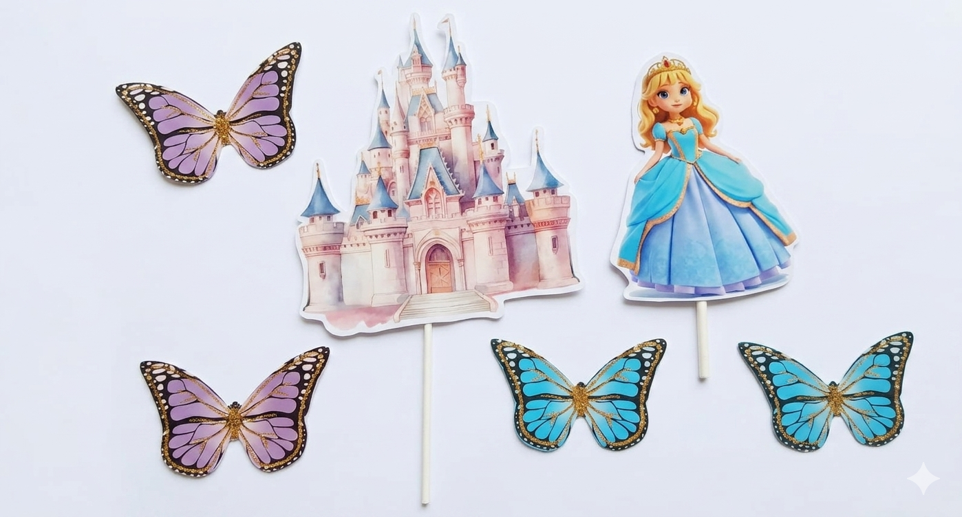 6 Pcs Princess Castle & Girl Cake Topper Set (Random Butterfly)