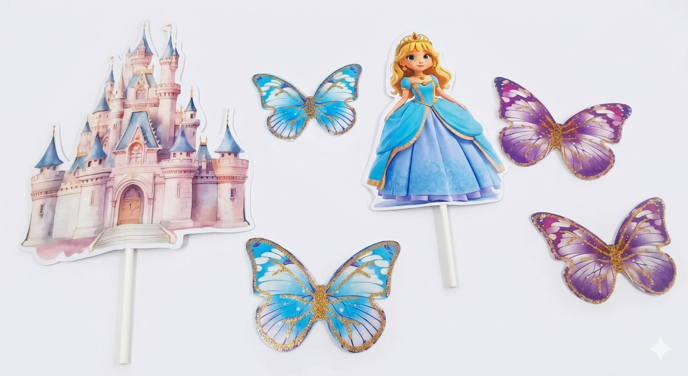 6 Pcs Princess Castle & Girl Cake Topper Set (Random Butterfly)