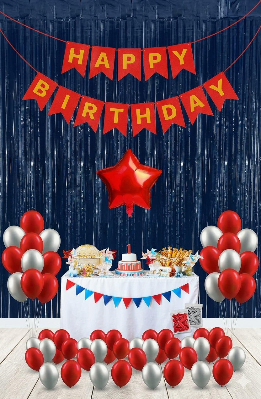 Black Happy Birthday Party Decoration Set with (2 Curtain, 1 Happy Birthday Banner, 10 grey & 10 red balloon, 1 star foil balloon)