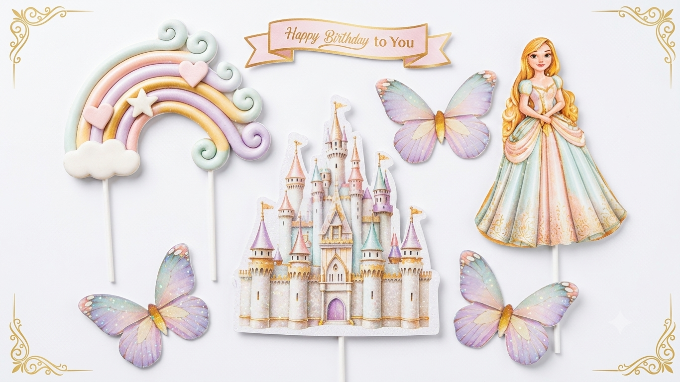 Princess Castle Cake Topper Set with Rainbow, Happy Birthday Sign & Butterfly Decorations