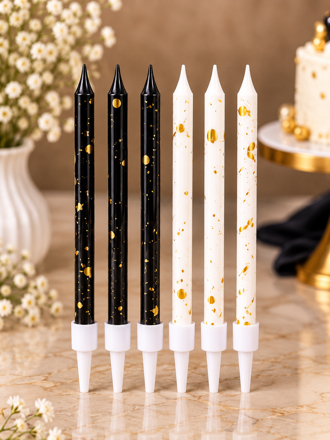 Black and White Gold Foil Candles Set Pack of 6