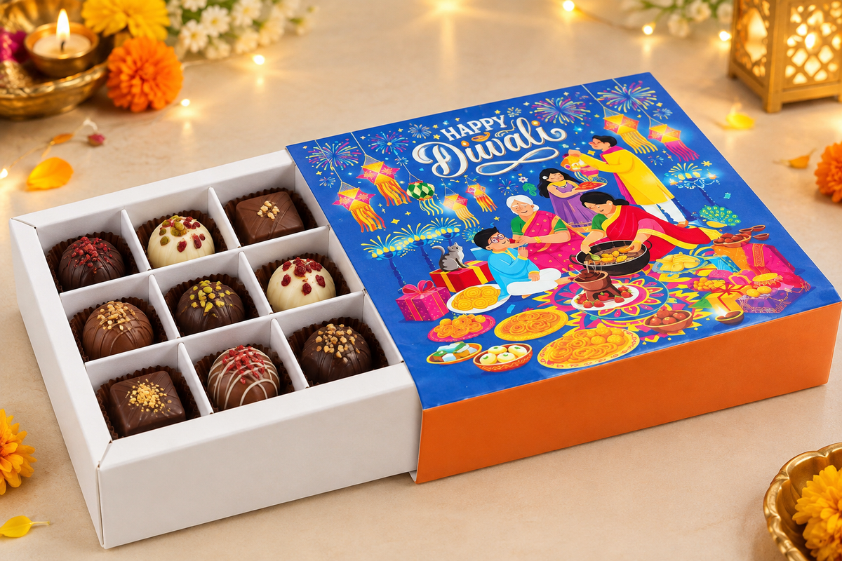 Happy Diwali family printed 9 cavity chocolate box PACK OF 10 (size-6x6x1.5 inch)