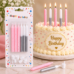 Pink & Silver Candles with Holders Set Pack Of 6