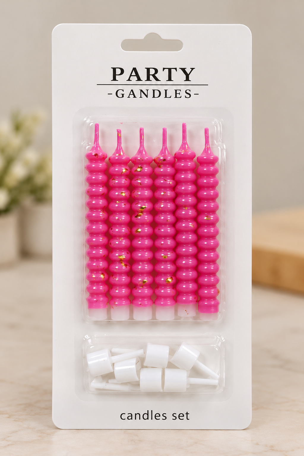 Pink Spiral Birthday Candles with Gold Foil Pack Of 6