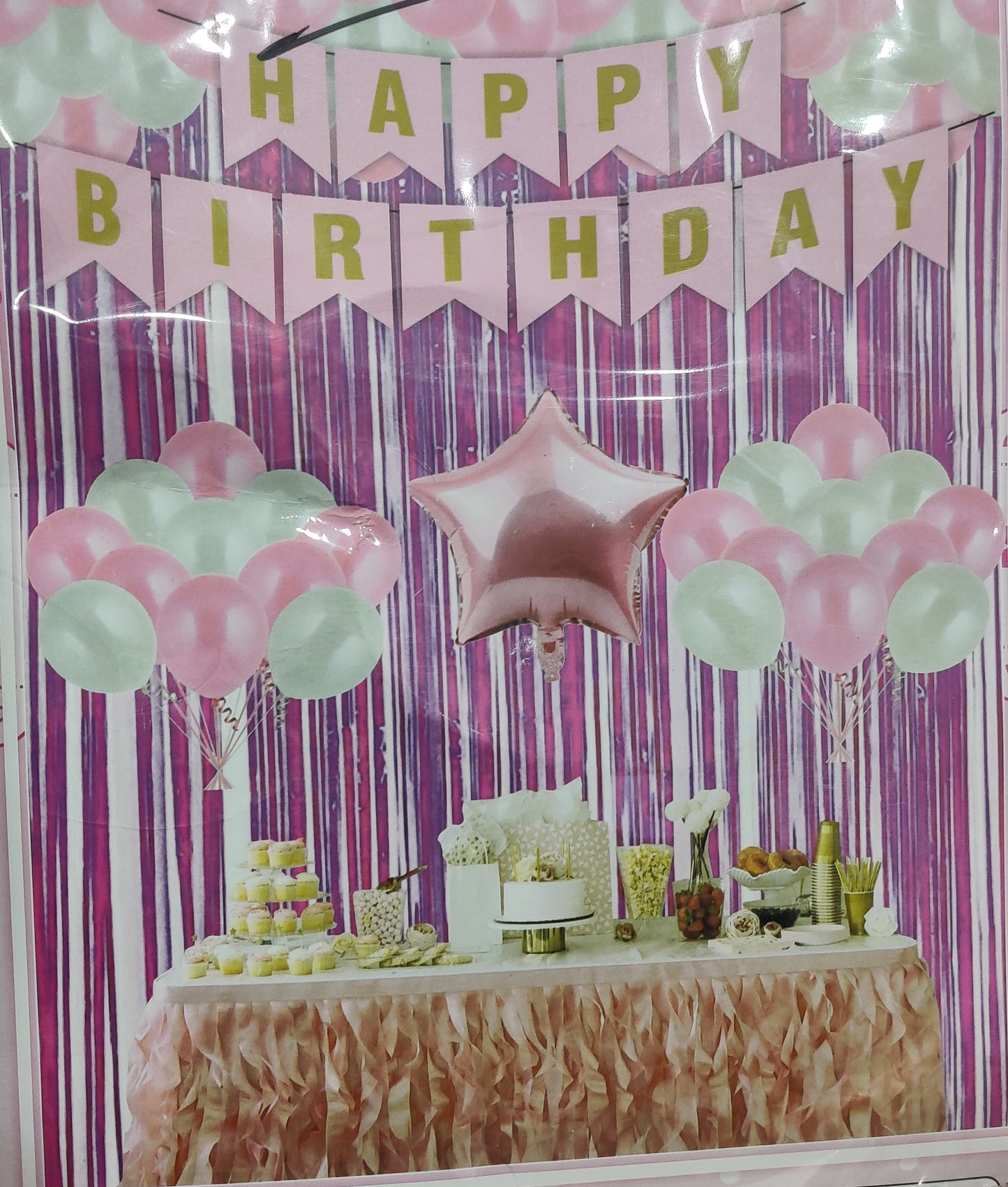 Pink Happy Birthday Party Decoration Set with (2 Curtain, 1 Happy Birthday Banner, 10 white and 10 Pink baloon, 1 Star foil balloon)