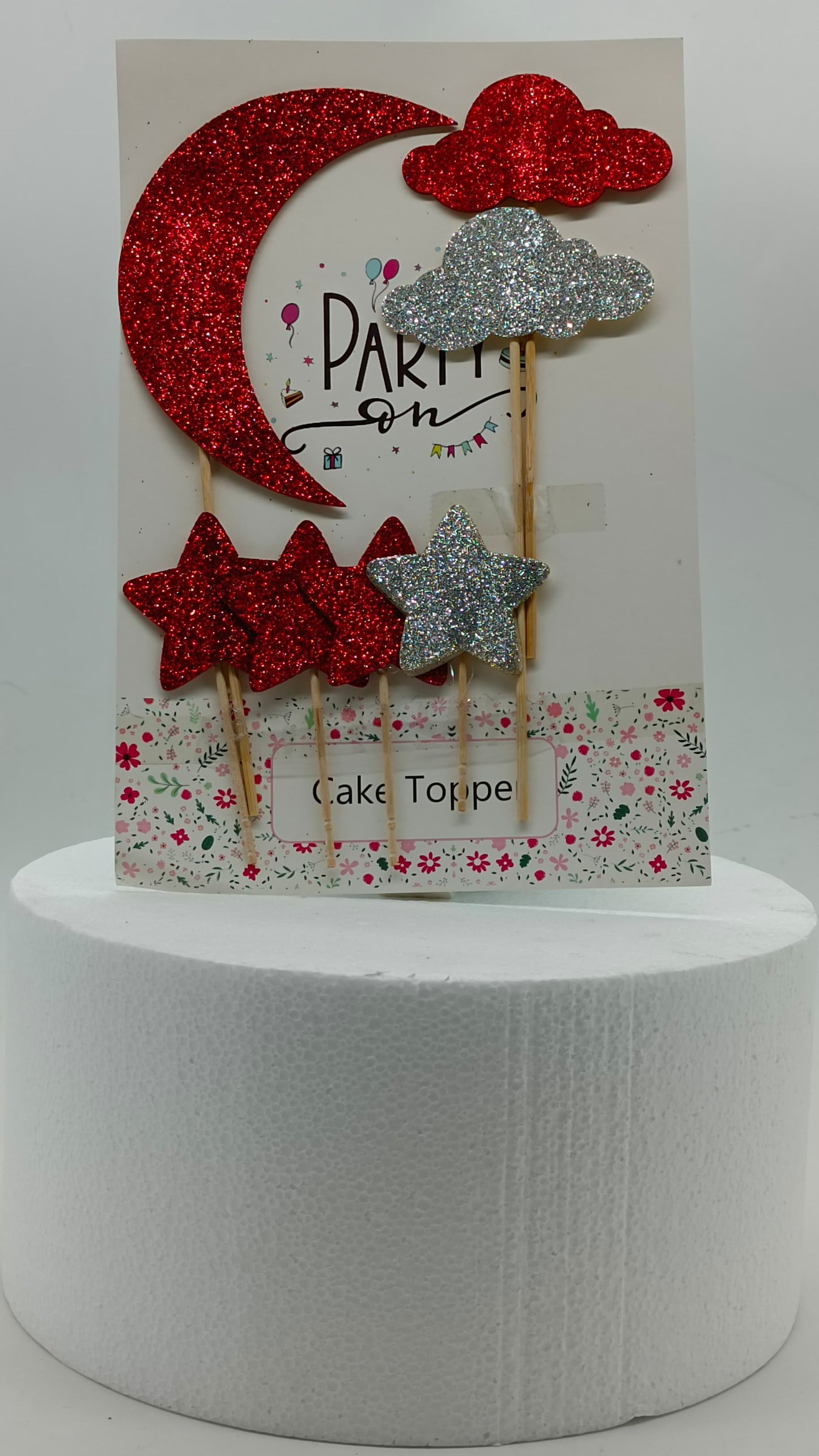 Glitter Red Moon and Stars Cake Topper