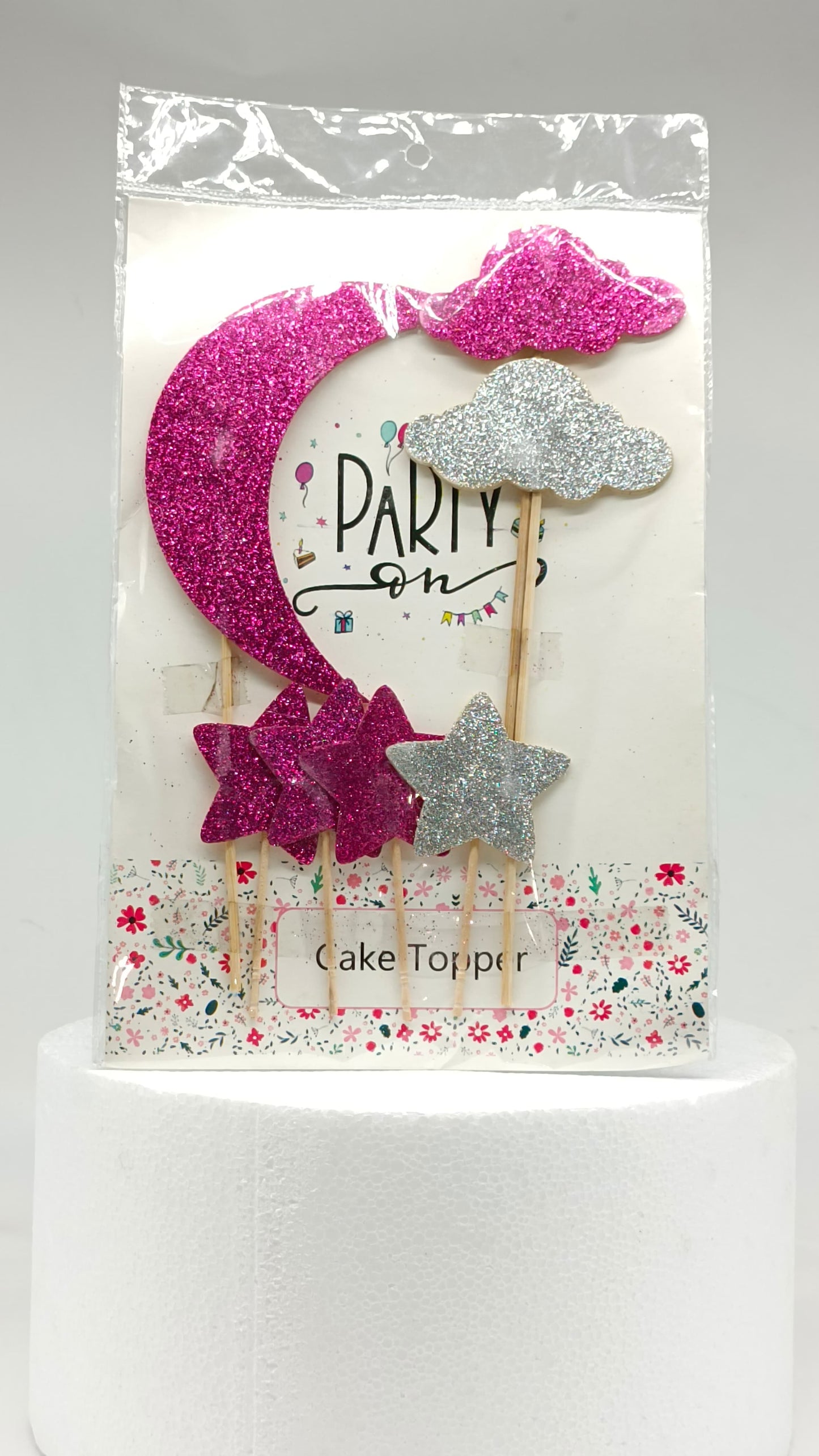 Glitter Pink moon and stars Cake Topper