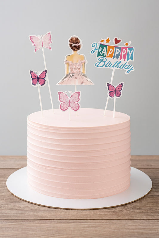 Princess Girl Pink Butterfly Cake Topper Set Of 6