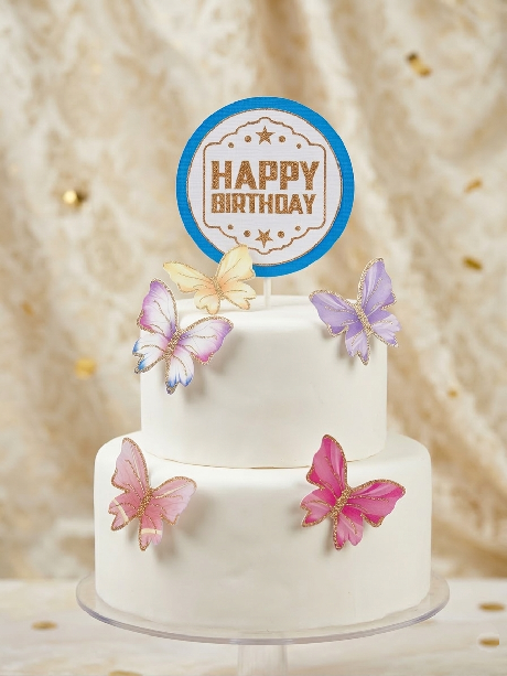 Happy Birthday glitter theme topper with butterfly set of 6