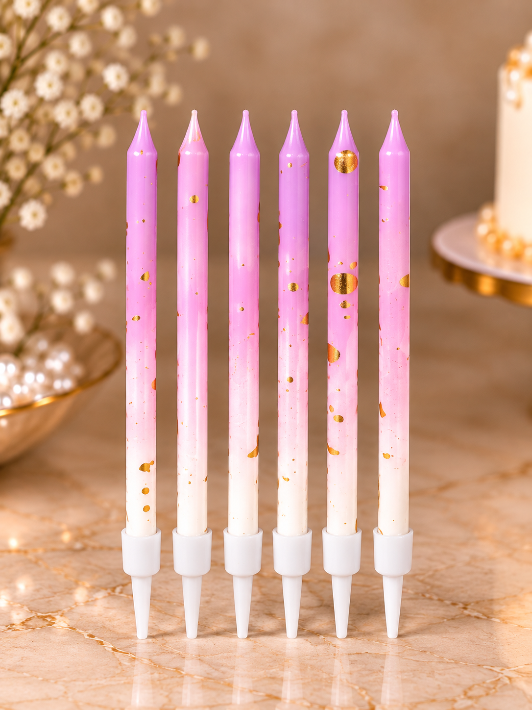 Lavender and White Ombre Gold Foil Candles Set Pack of 6