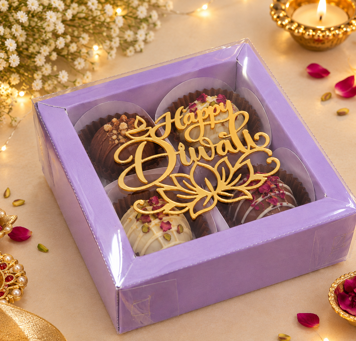 4 cavity lavender chocolate box with diwali tag  PACK OF 10 (size-4.2x4.2x1.5 inch)