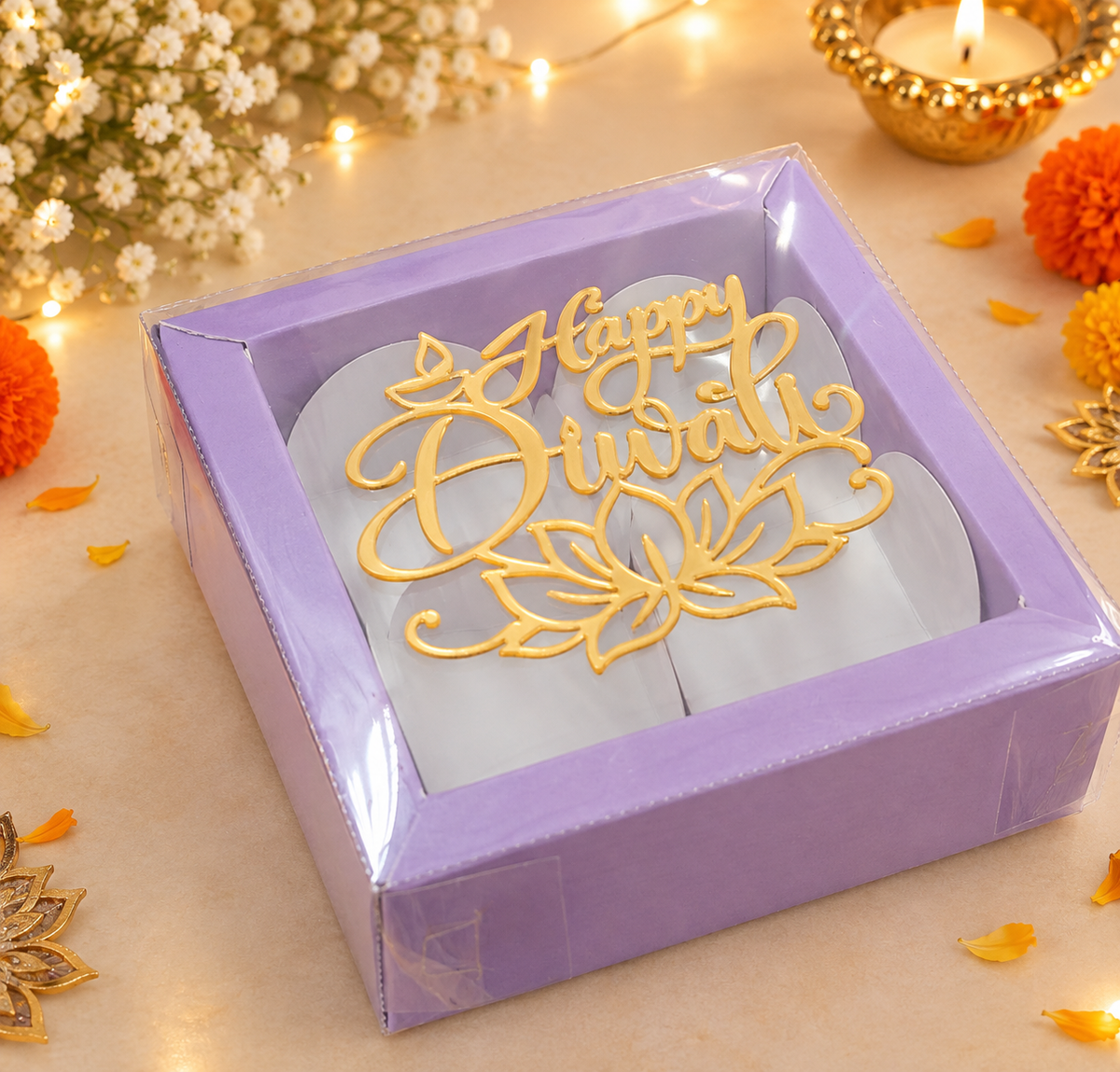 4 cavity lavender chocolate box with diwali tag  PACK OF 10 (size-4.2x4.2x1.5 inch)
