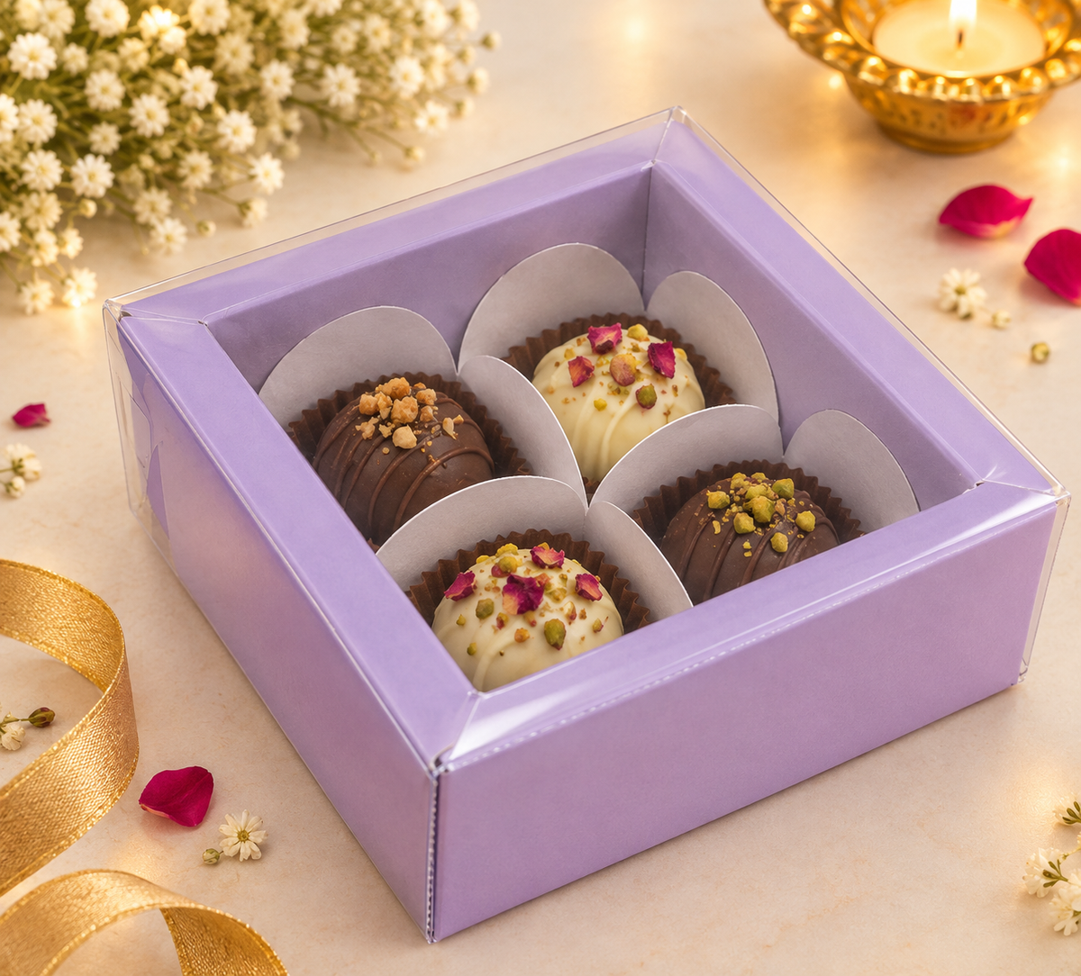 4 cavity chocolate box with transparent lid lavender color PACK OF 10 (size-4.2x4.2x1.5 inch)