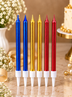 Metallic Blue, Gold and Red Candles Set Pack of 6