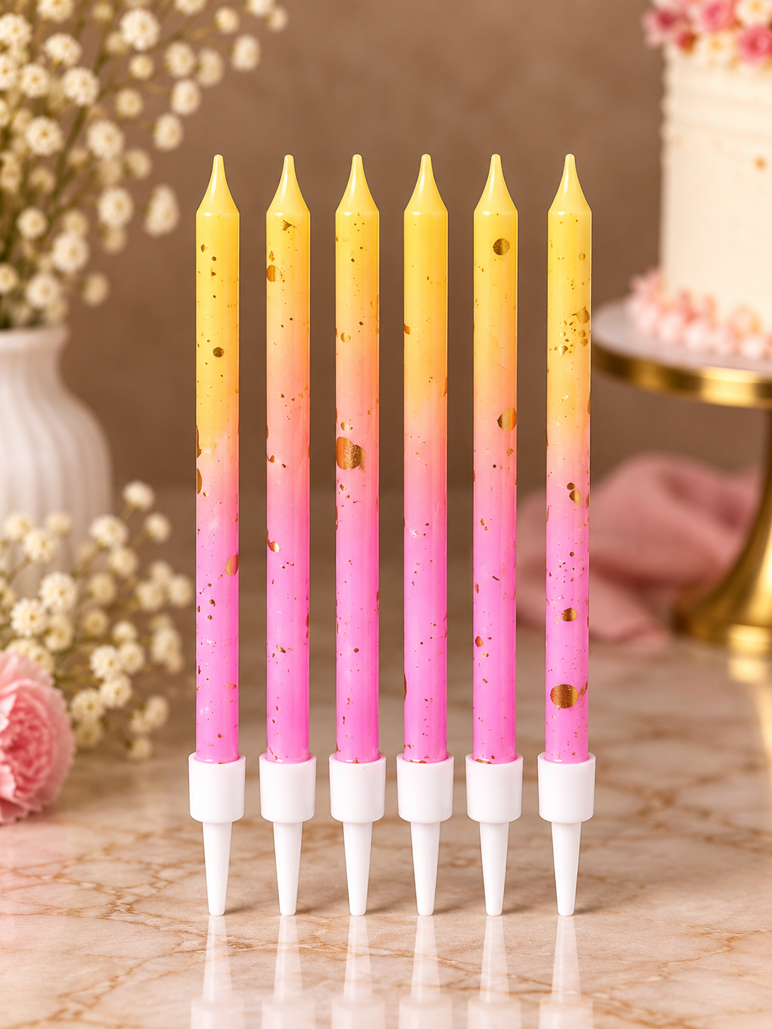 Yellow and Pink Ombre Gold Foil Candles Set Pack of 6