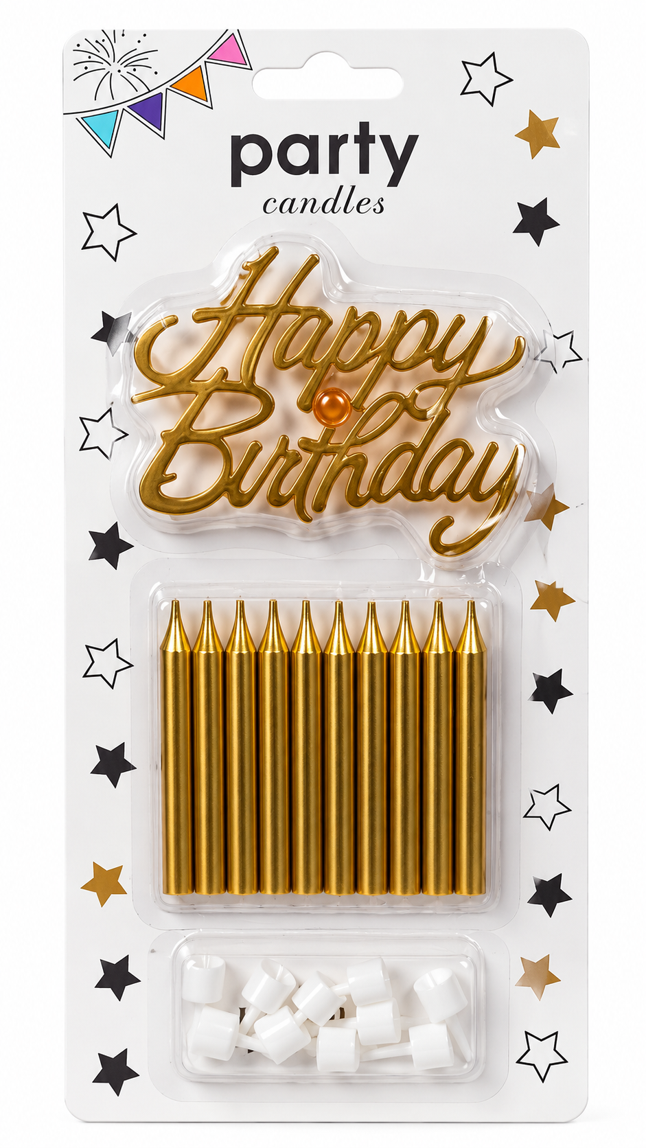 10 Metallic Golden Candle and Holders Set With Happy Birthday Cake Topper