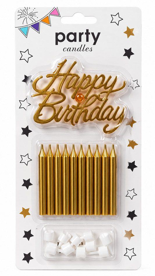 10 Metallic Golden Candle and Holders Set With Happy Birthday Cake Topper