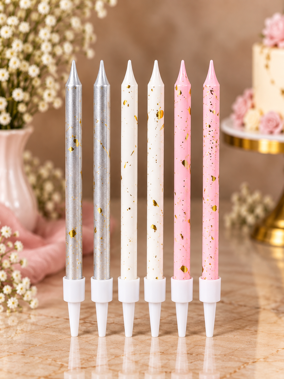 Silver, White and Pink Gold Foil Candles Set Pack of 6