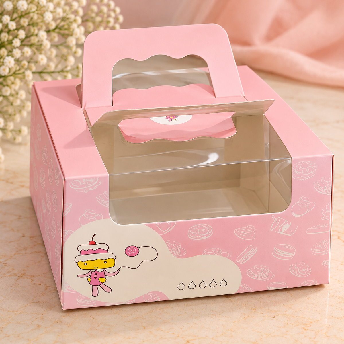 Pastel Pink Gift Box with Transparent Window & Handle – Pack of 10