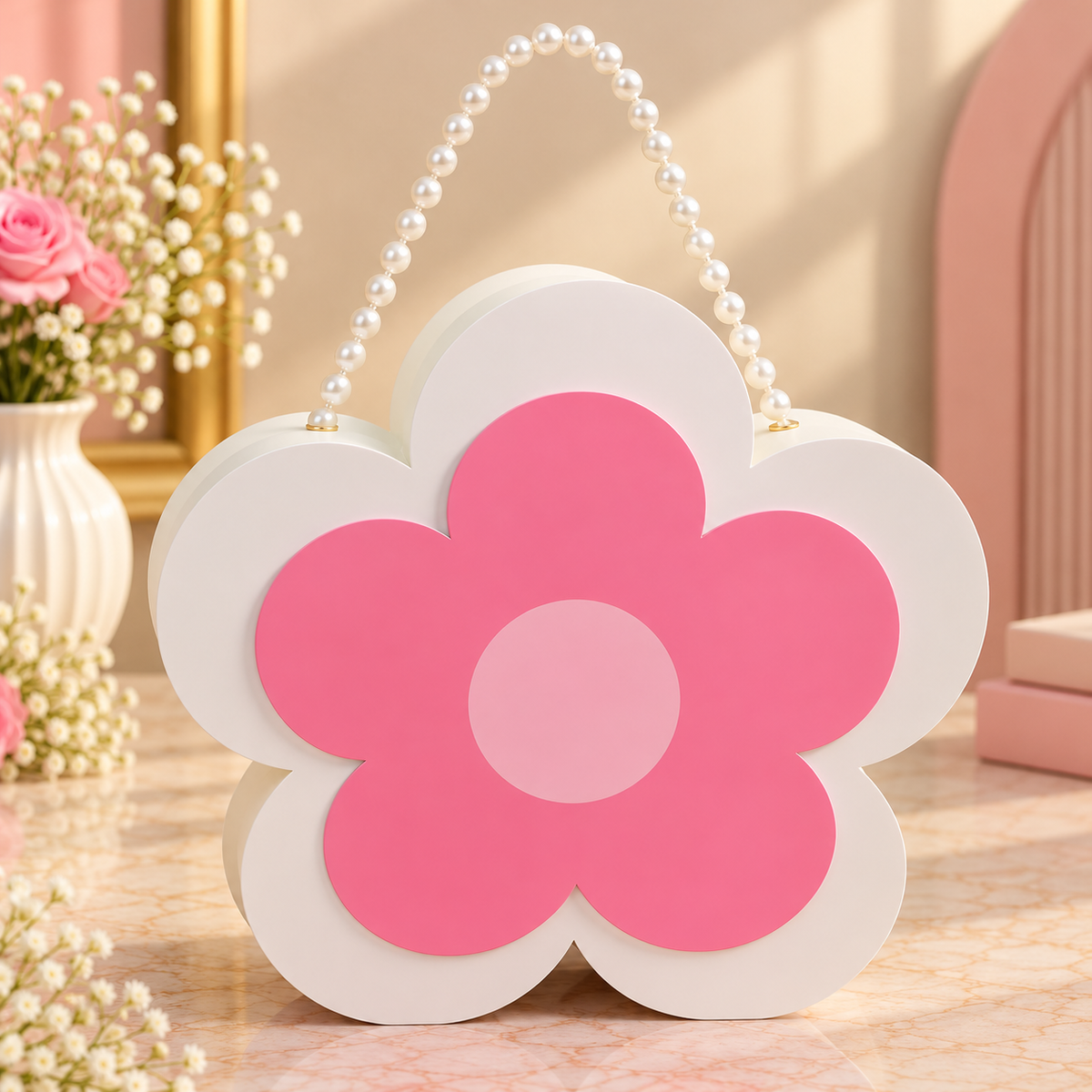 Pink & White Flower Shape Gift Box with Pearl Handle Pack of 12