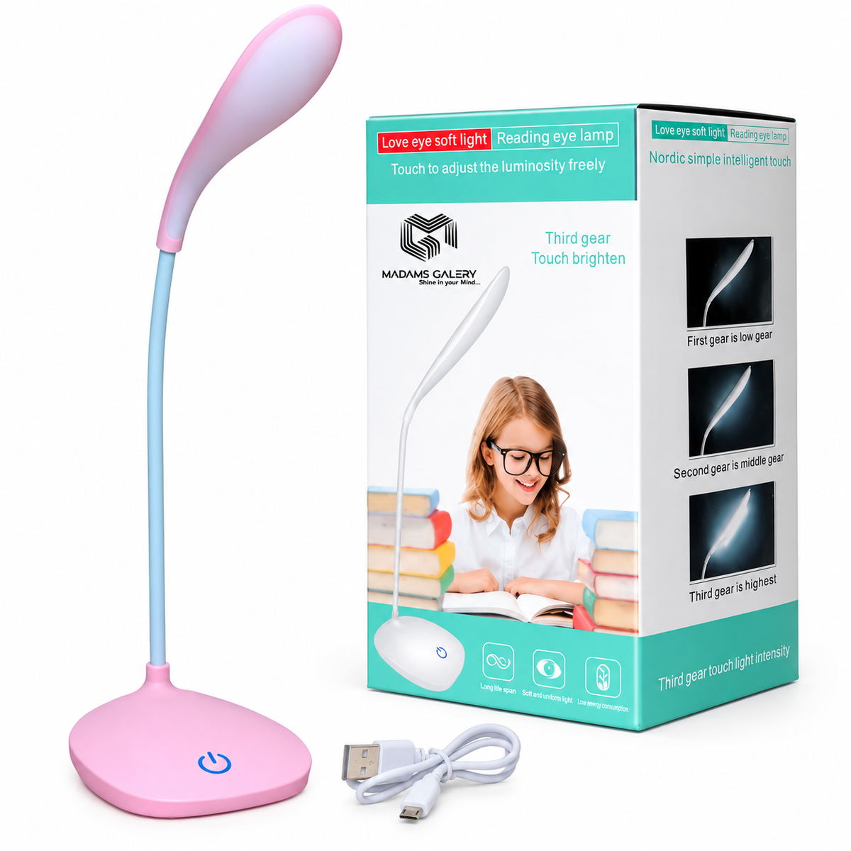 Flexible LED Reading Desk Lamp with Touch Control & USB Charging