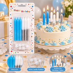 Blue & Silver Candles with Holders Set Pack of 6