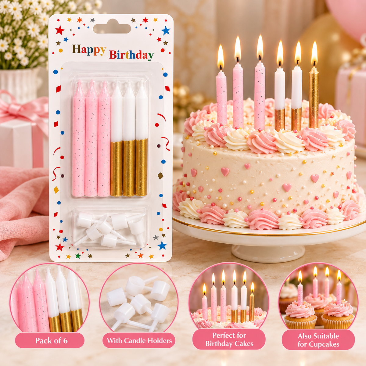Pink & Gold Candles with Holders Set Pack of 6