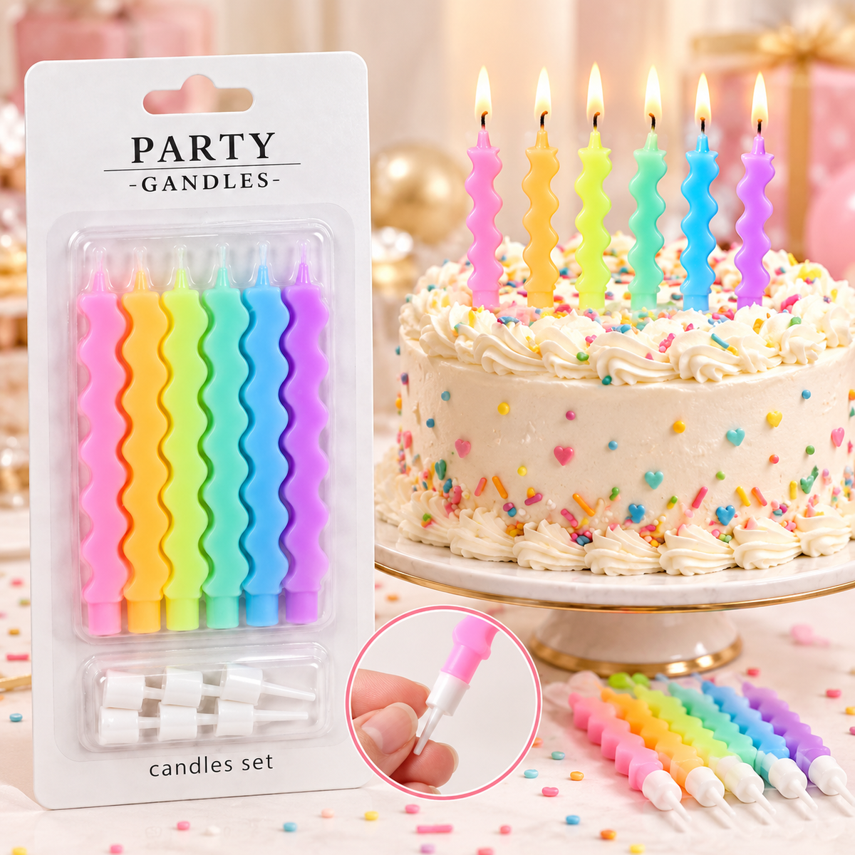 Multicolor Wavy Candle With White Holder Set Pack of 6