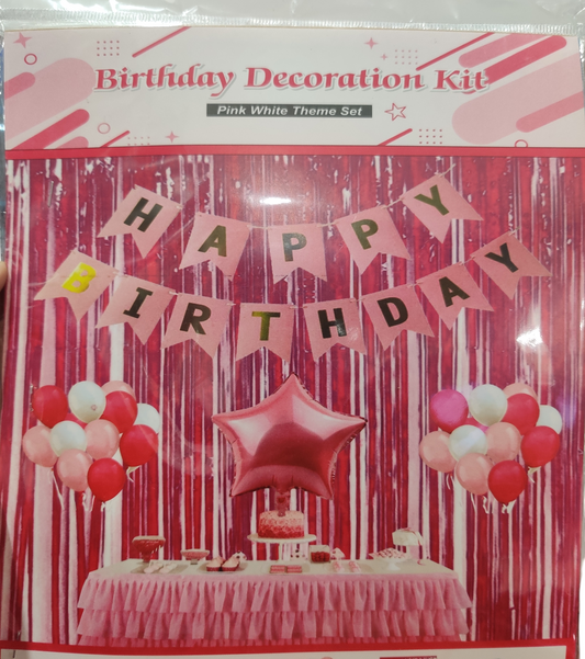 Pink Happy Birthday Party Decoration Set with (1 Curtain, 1 Happy Birthday Banner, 5 pink and 5 white baloon, 1 star foil balloon)