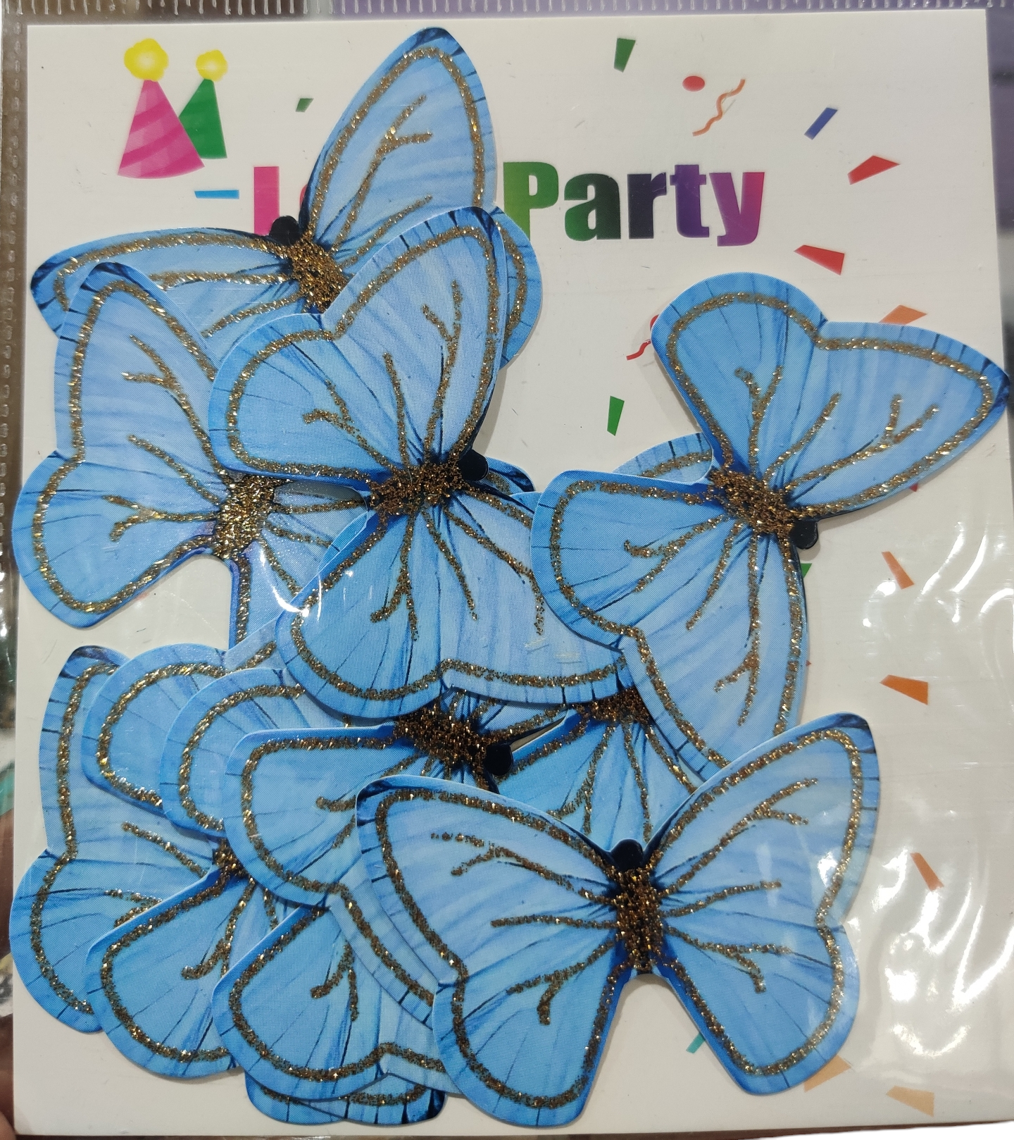 Blue and Gold Glitter Paper Butterfly Cake Topper Pack Of 10