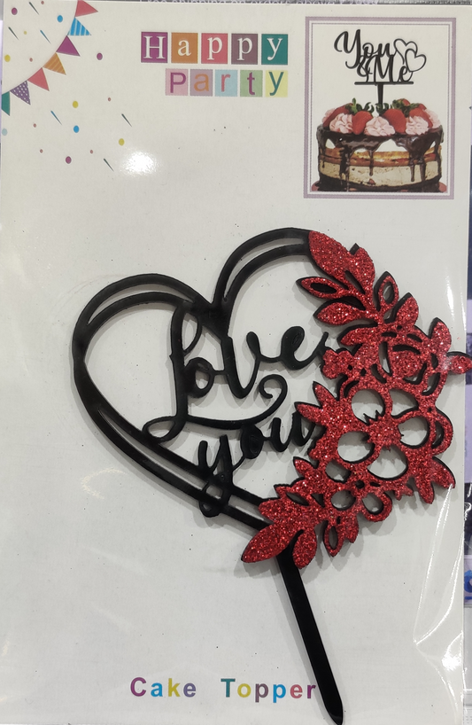 "Love You Heart Cake Topper with Red Glitter Floral Design – Perfect for Celebrations" Pack Of 1