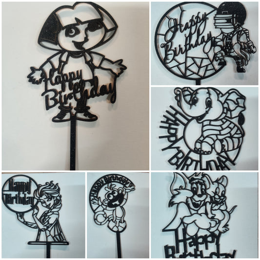 Happy Birthday cartoon Acrylic topper pack of 10 ( random design)