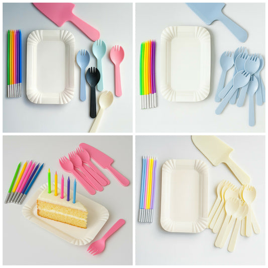 Cutlery set of 10 plates , 1 cake cutting knife ,10 spoon , pack of 8 candle ( Random Colour)