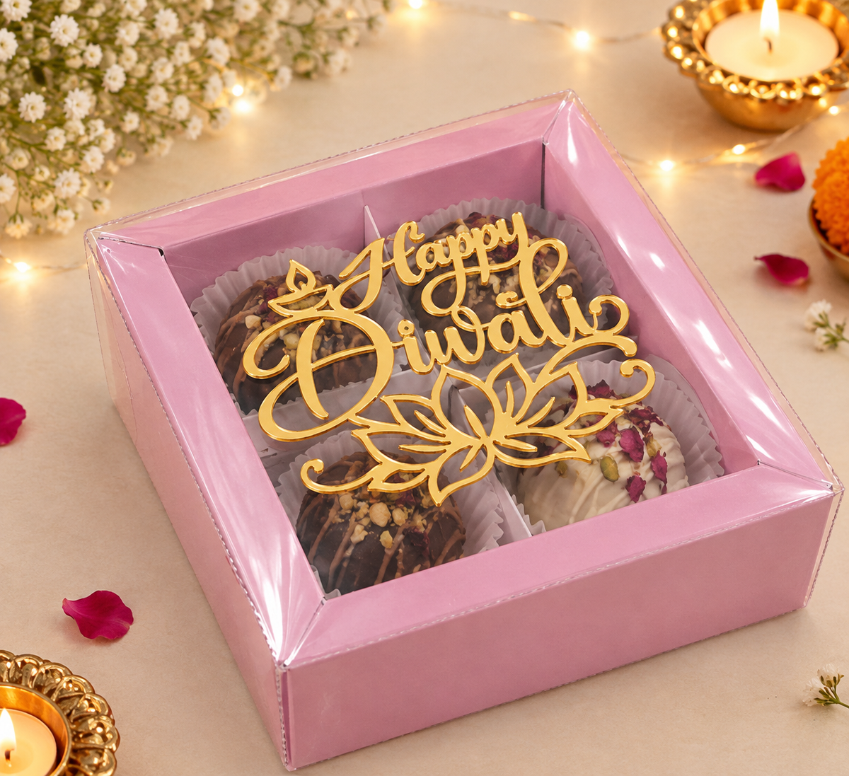 4 cavity pink chocolate box with diwali tag  PACK OF 10 (size-4.2x4.2x1.5 inch)